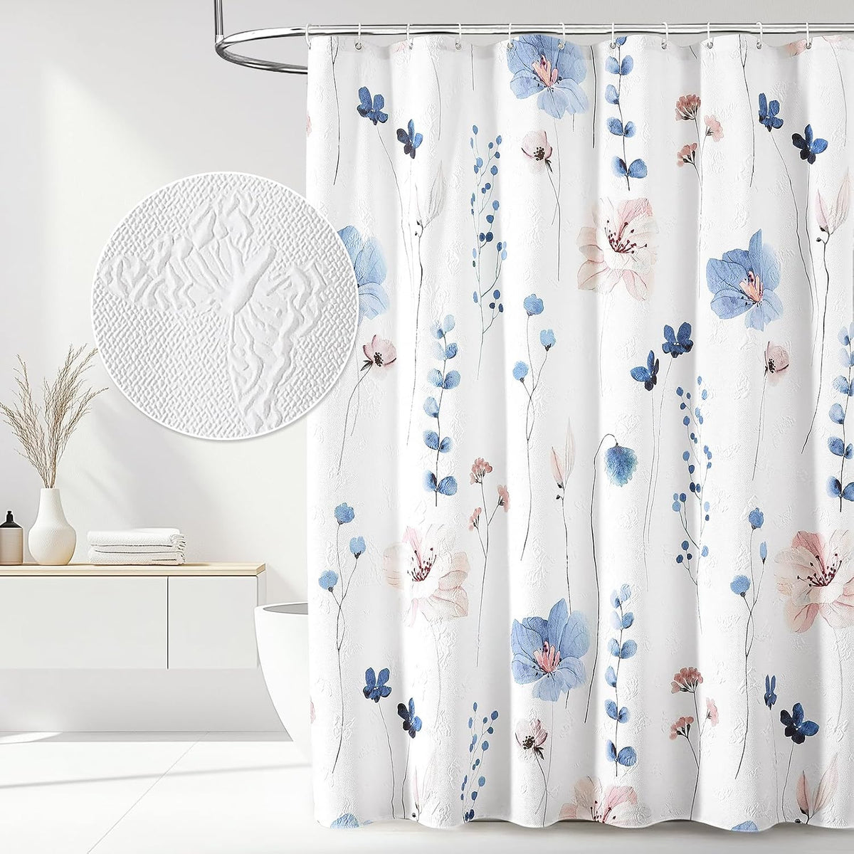 Cortina baño 72x72pulg texturizada 3D con flores azules y rosas