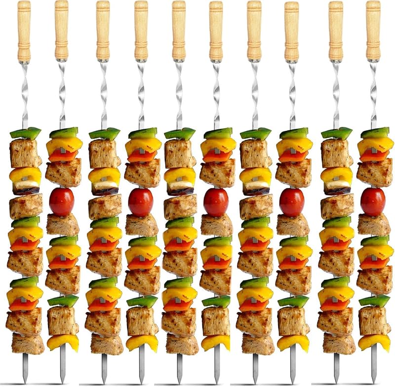 12 Pinchos Kabob 22pulg Acero Inox Reutilizables Asa Madera