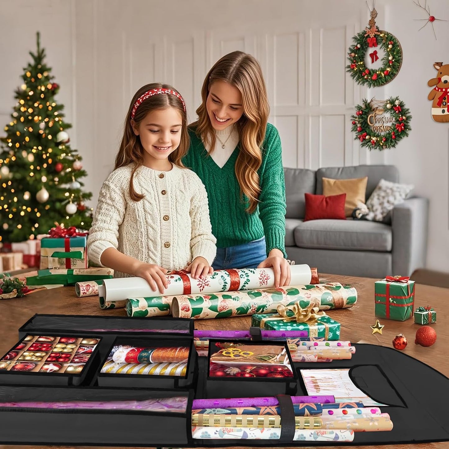 Organiz. rollos negra doble cara 40x17pulg para navidad