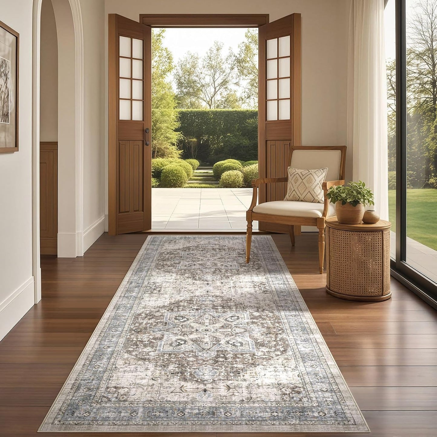 Alfombra bohemia lavable dormitorio sala 3x8ft marrón azul