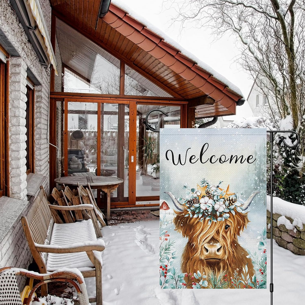 Bandera jardín invierno doble cara 12x18pulg vaca tierras altas