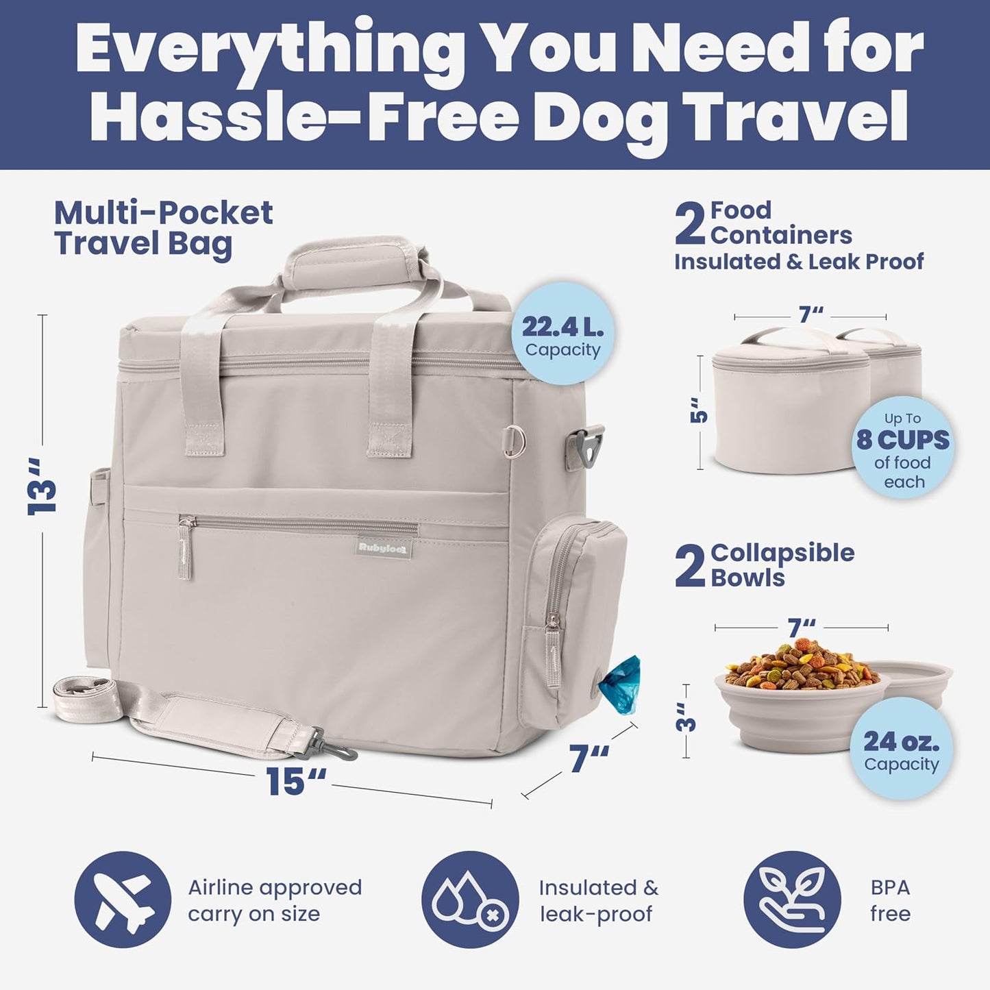 Bolsa viaje perro 2 cuencos sin BPA beige