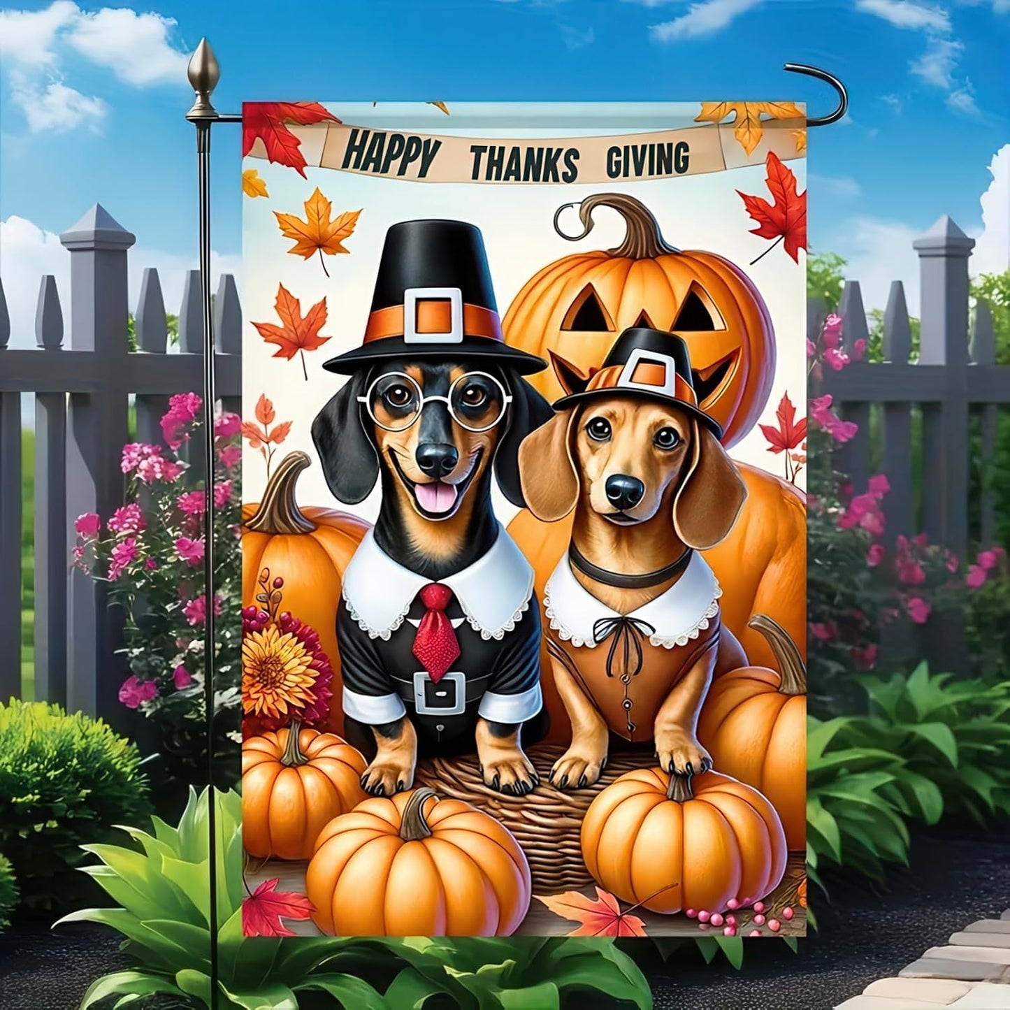 Bandera jardín perro salchicha 12x18pulg doble cara otoño calabaza