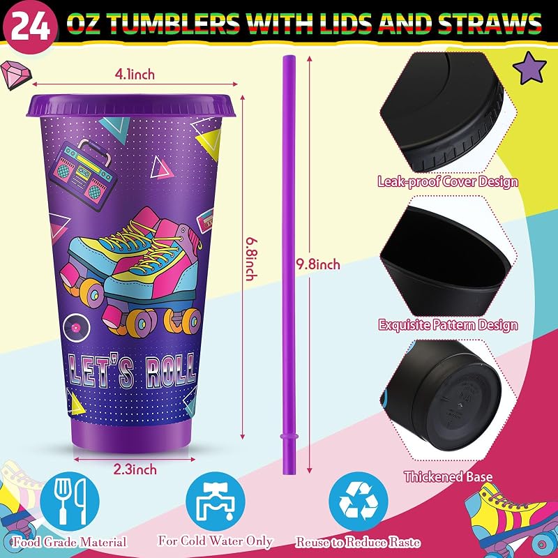 24 Pzas Vasos Plástico 24oz con Tapas y Popotes