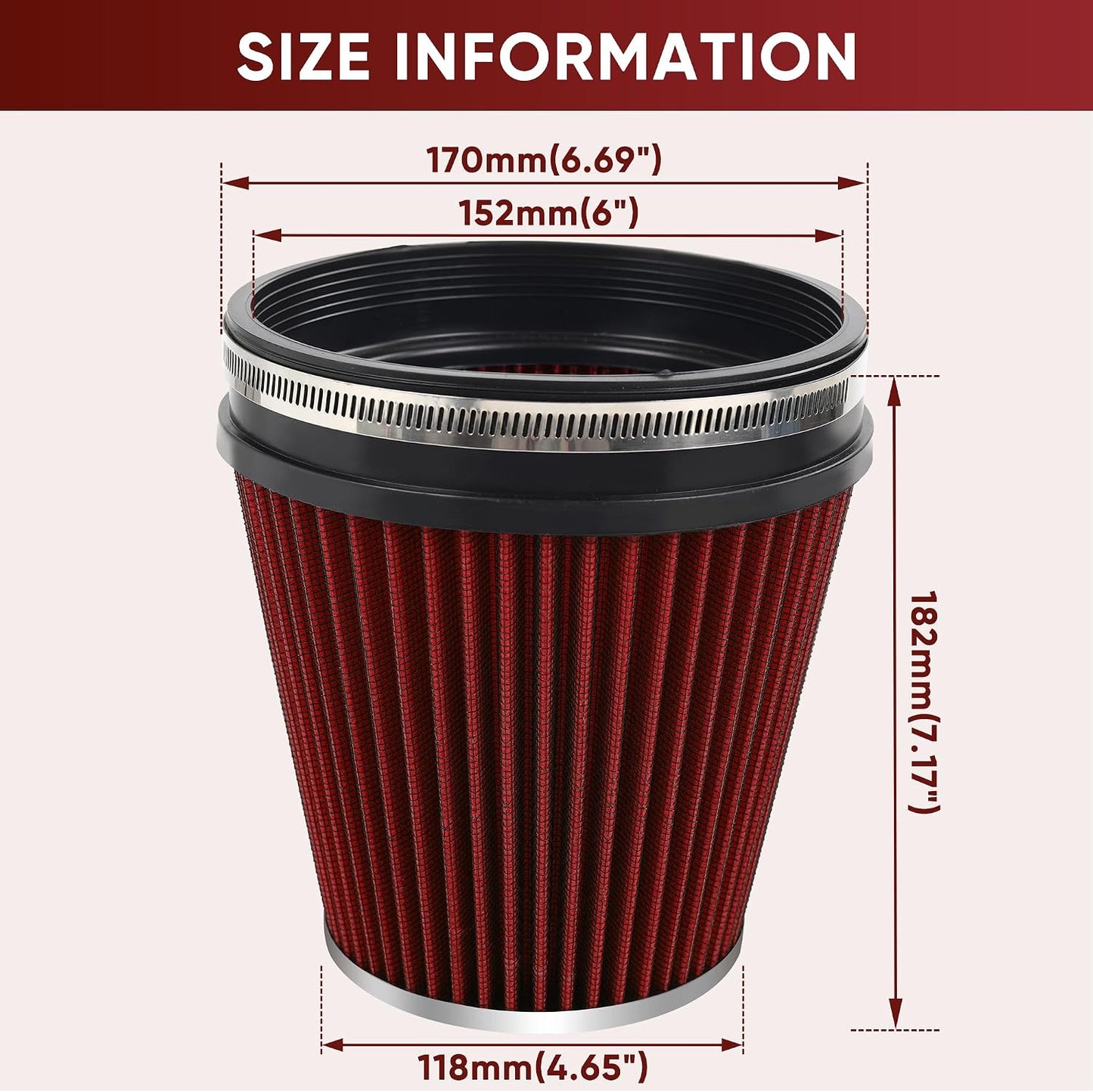 Filtro aire entrada frío 6pulg con abrazadera cono lavable rojo