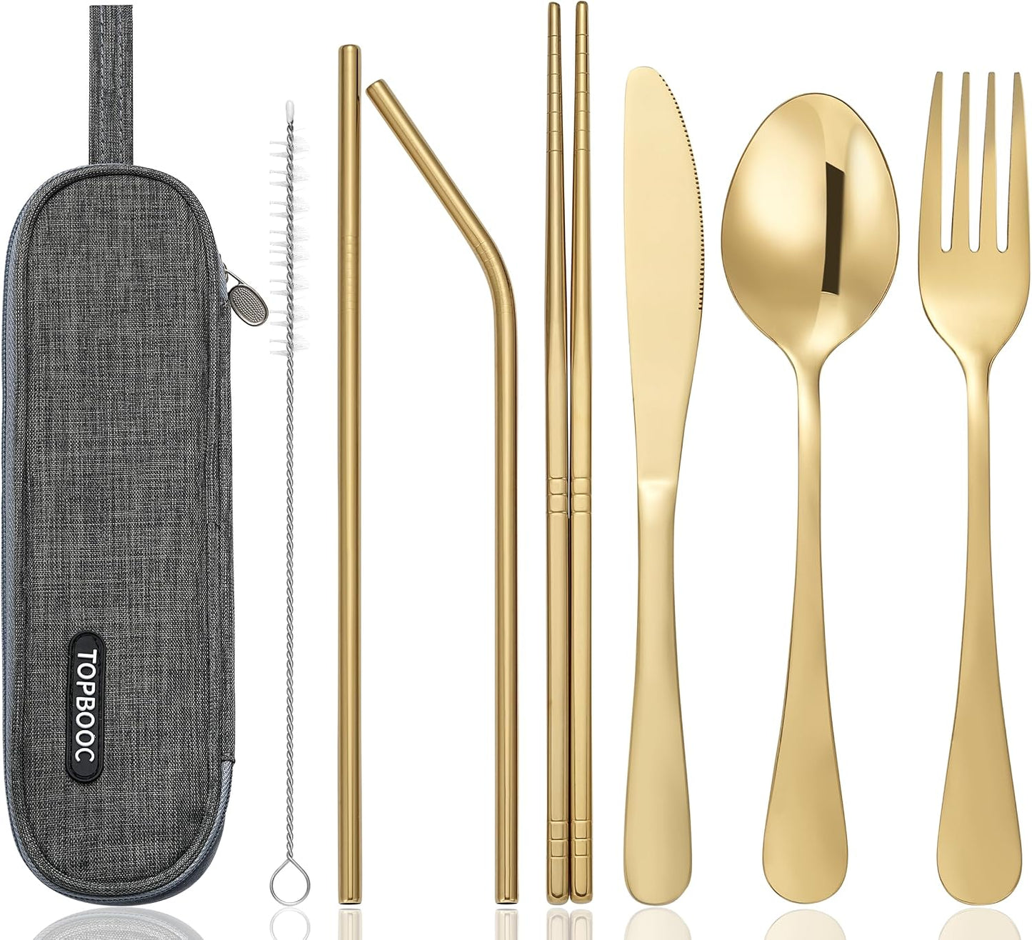 Set cubiertos acero inox portátil con estuche impermeable dorado