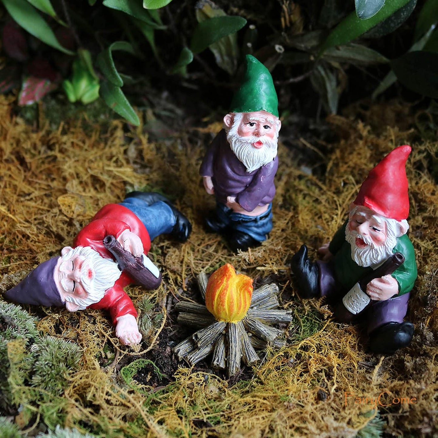 Juego 4 gnomos jardín miniatura 3D para césped patio