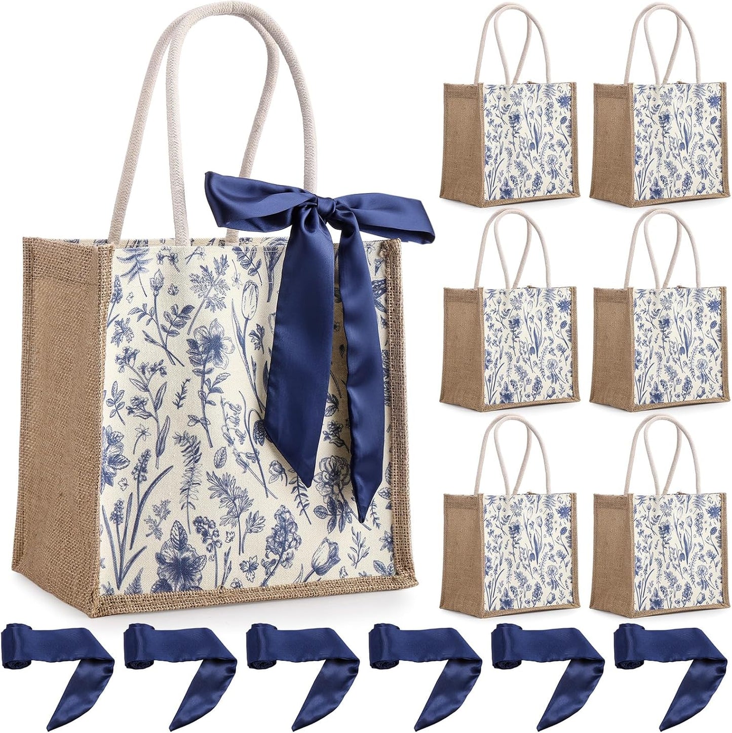 6 Pzas Bolsas Yute Reutilizables Chinoiserie Azul Floral