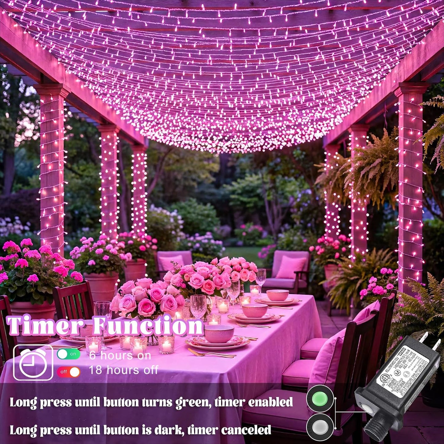 Guirnalda 200 luces LED rosadas para exteriores e interiores