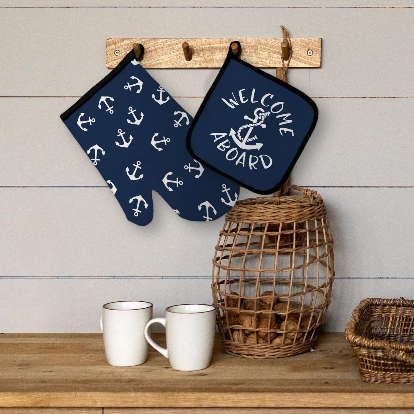 Juego guantes horno y soportes ollas barco anclajes azul marino