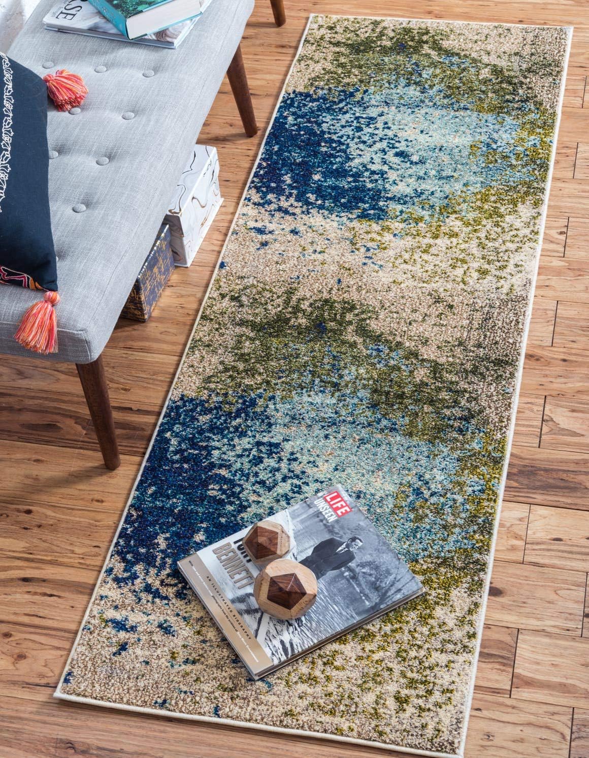 Alfombra abstracta moderna 2.7x10ft azul/beige