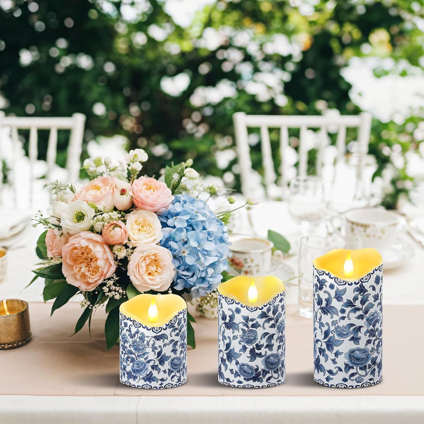 3 Pzas Velas LED Chinoiserie Azul y Blanca con Control Remoto