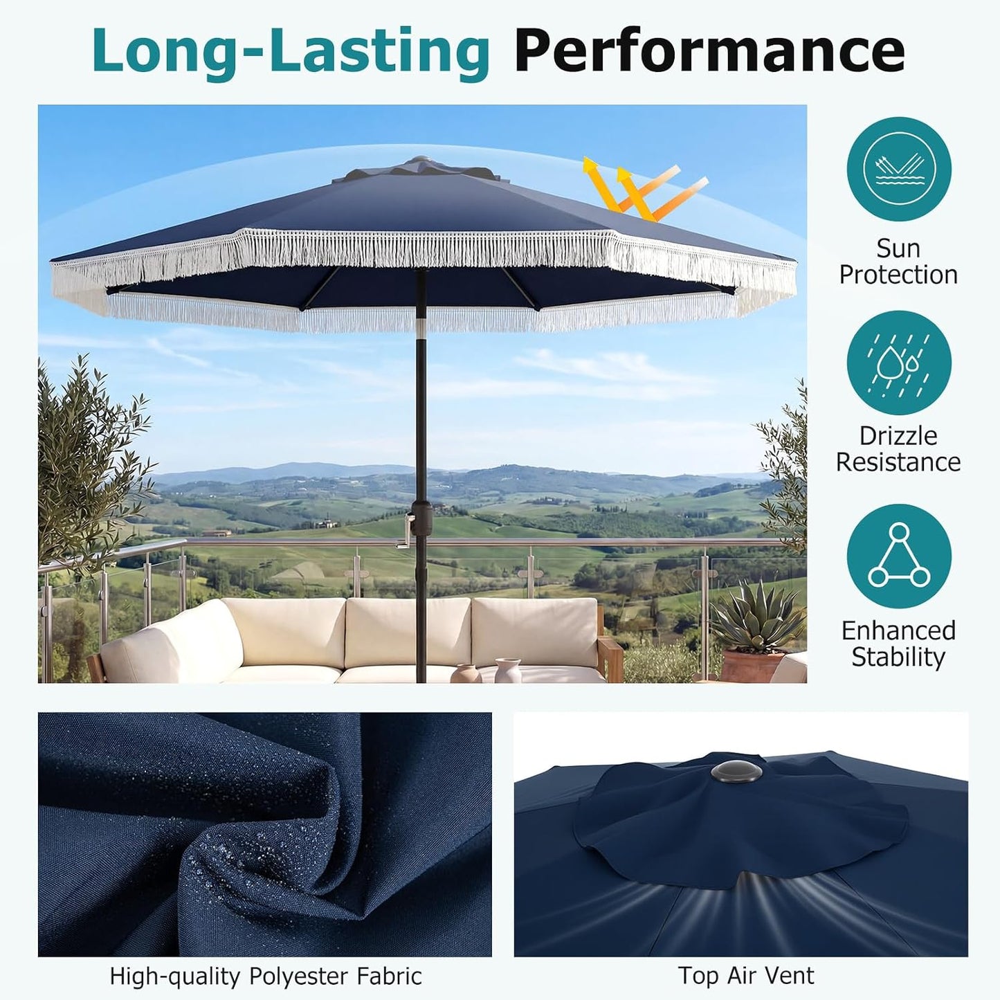 Sombrilla patio 9ft 2 niveles flecos mango manivela