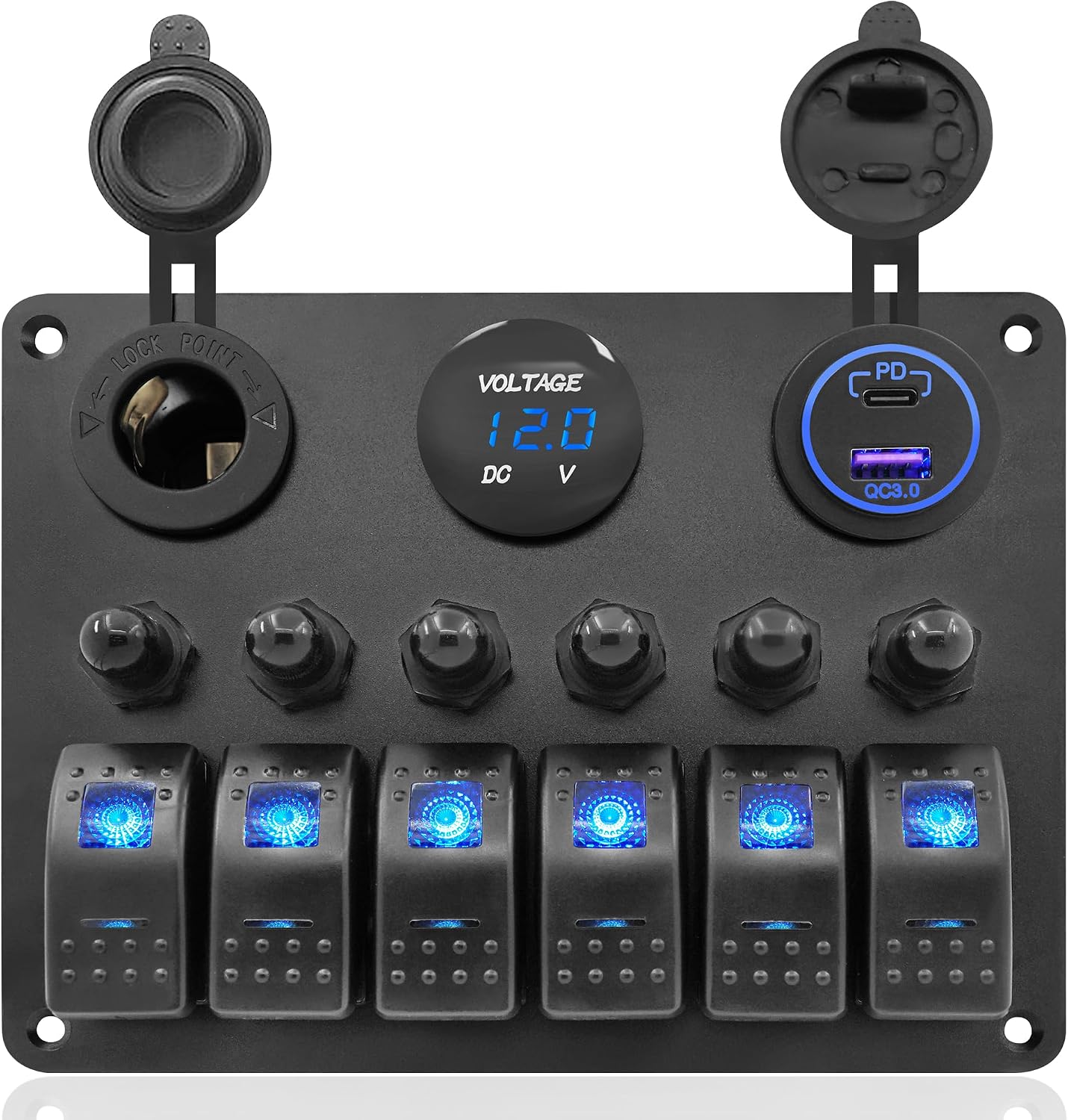 Panel interruptores marinos aluminio 6 pos USB PD QC3.0