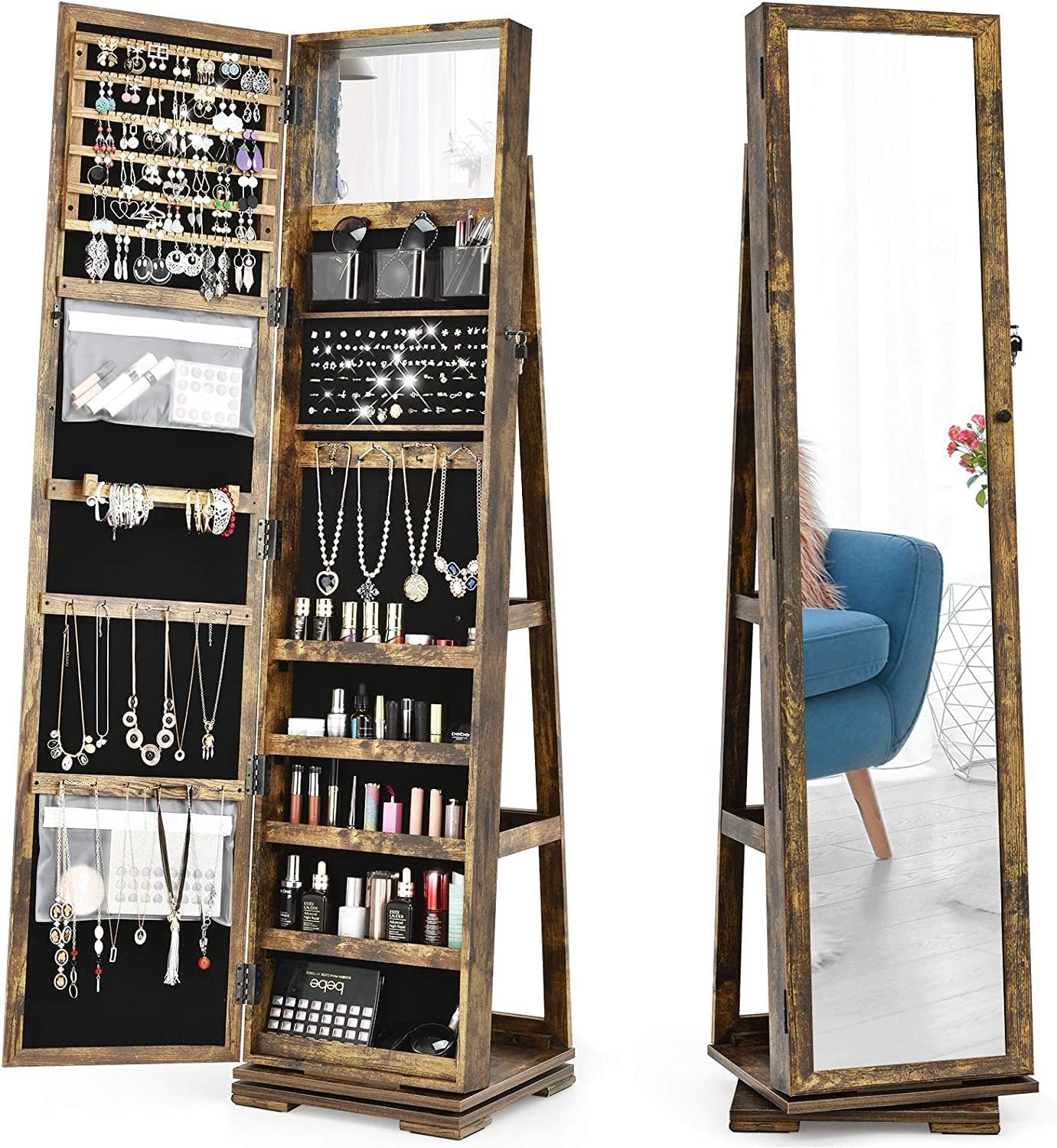 Organiz. joyas giratorio 360° con espejo y estantes 3