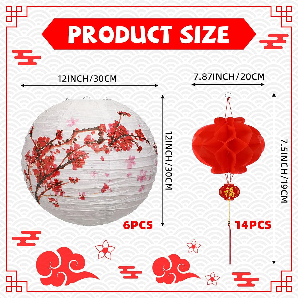20 Linternas Papel Flores Cerezo Estilo Minimalista Blanco Rojo