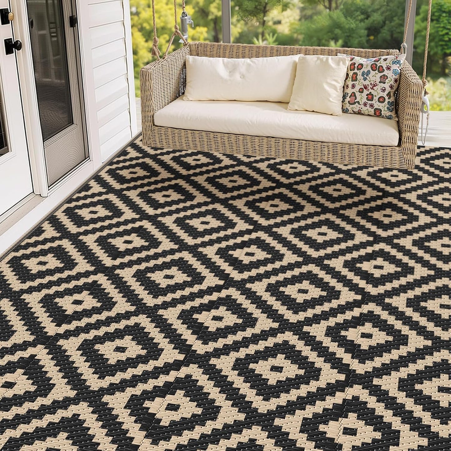 Alfombra impermeable exterior 6x9ft reversible negro beige