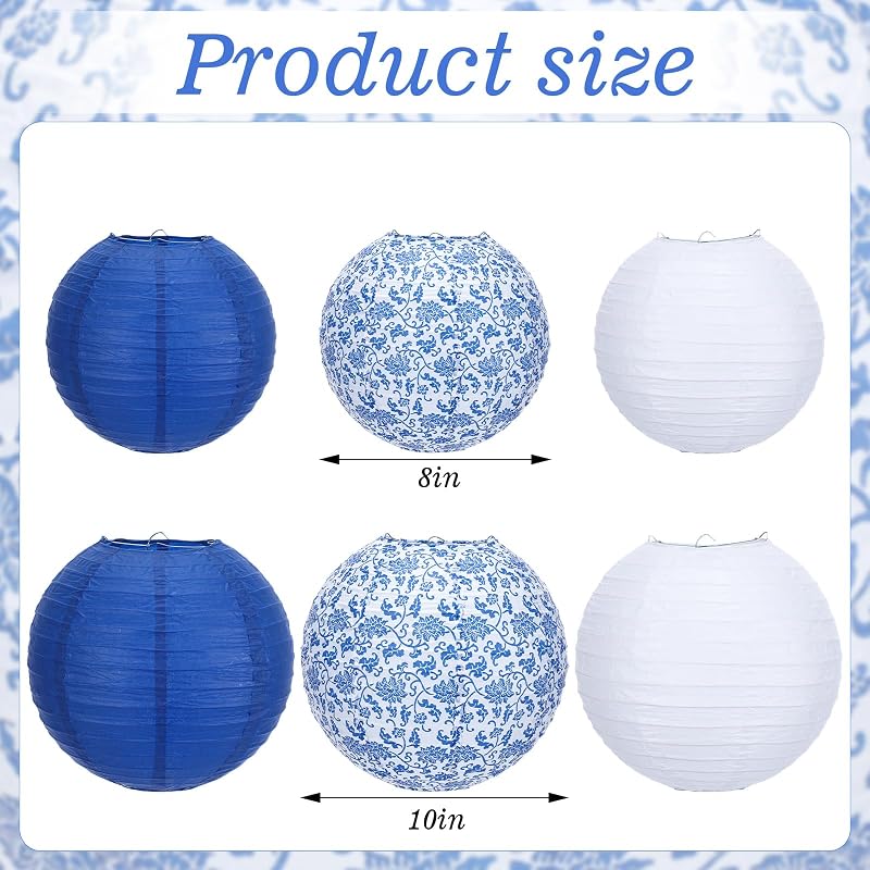 18 Faroles Chino Japonés 10x8pulg Estampado Porcelana Azul