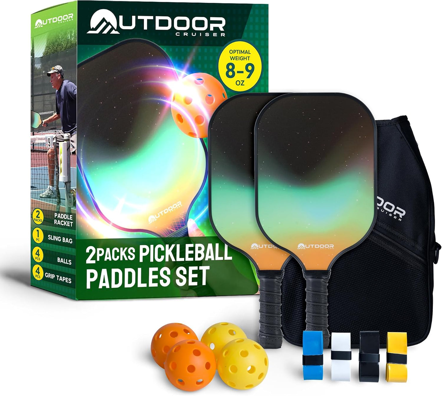 Set 2 Raquetas Pickleball Fibra Vidrio con Bolsa y 4 Bolas