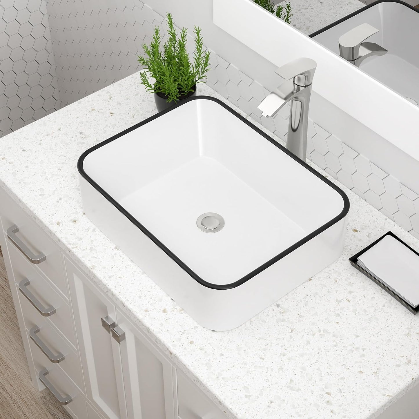 Fregadero rectangular 19x15pulg blanco borde negro cerámica
