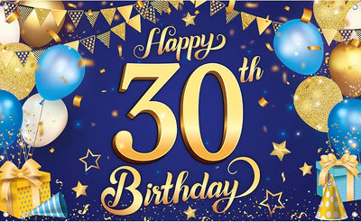Cartel feliz cumpleaños 30 azul y dorado XL 72x44pulg