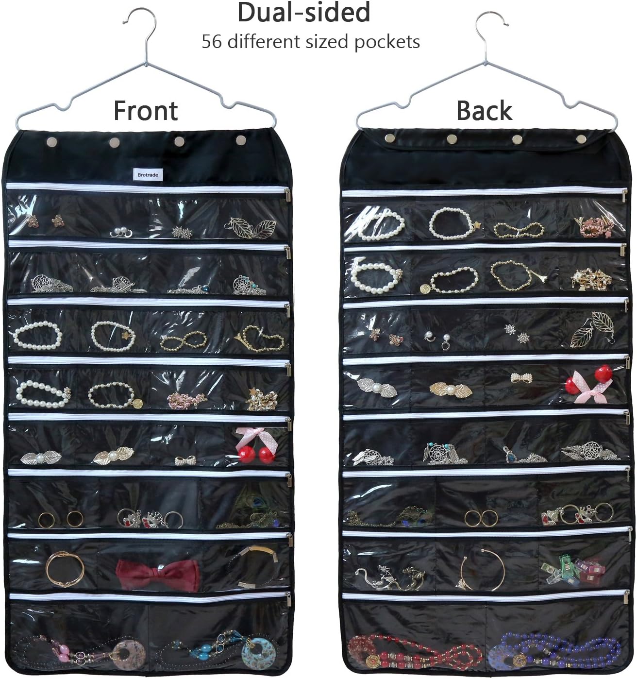 Organiz. colgante joyas 56 bolsillos con cremallera negro