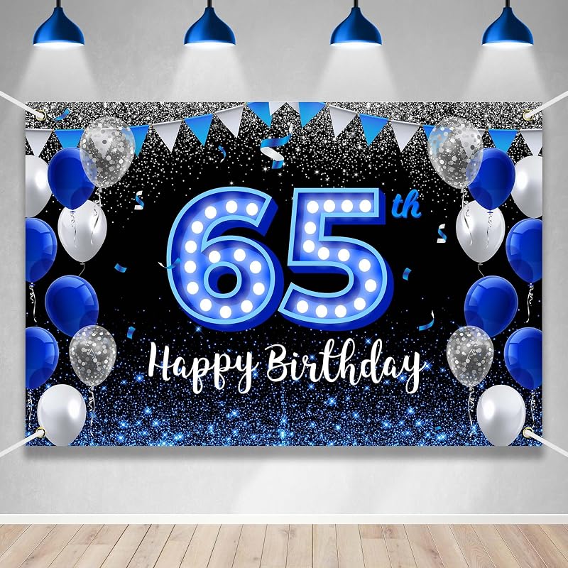 Cartel cumpleaños 65 color azul y negro con luz neón fiesta