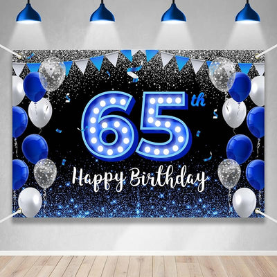 Cartel cumpleaños 65 color azul y negro con luz neón fiesta