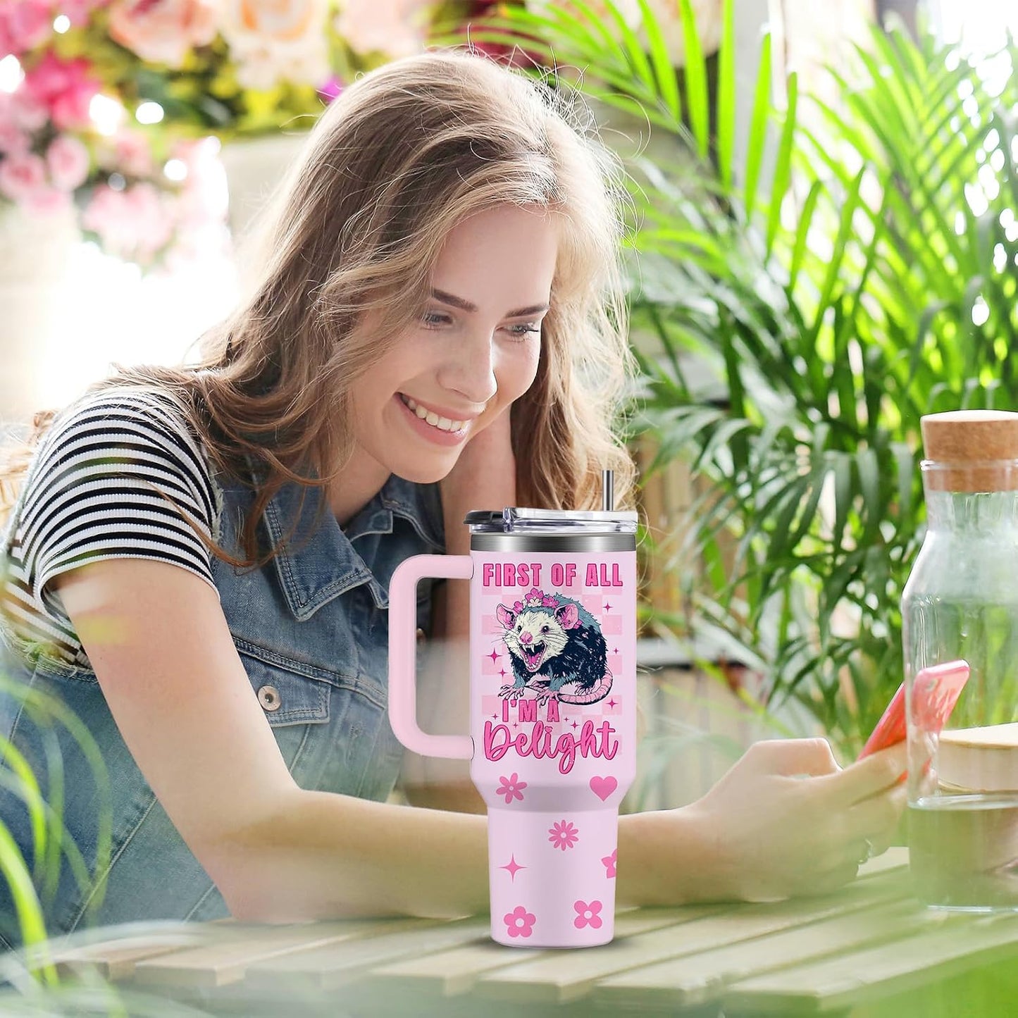 Tumbler zarigüeya sarcástica 40oz con asa regalo mujer niña