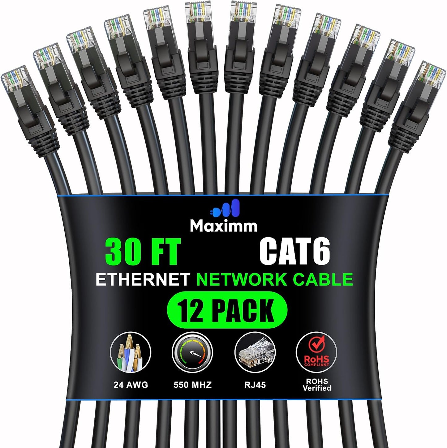 Cable Ethernet Cat 6 30pies 12 Pzas 10Gbps Negro