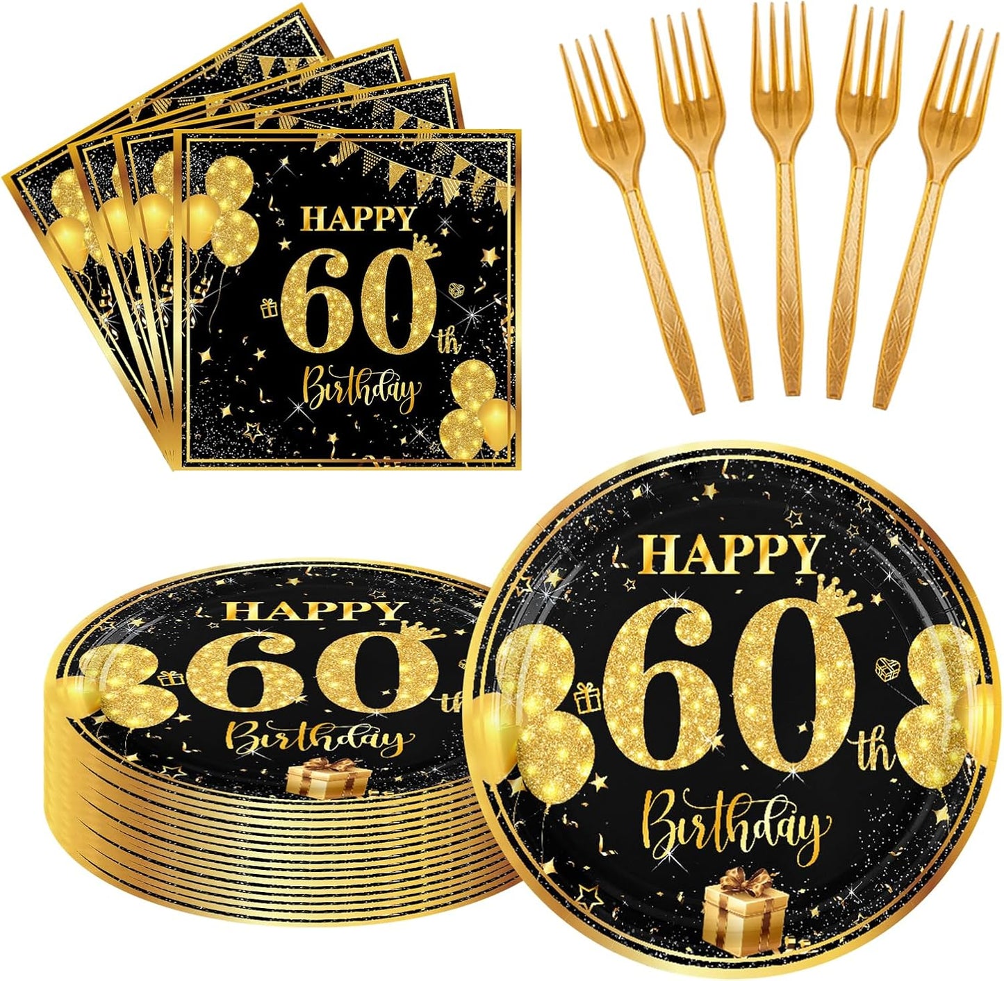 Juego 60 Platos 7pulg Tenedores Servilletas Negro Dorado Niños