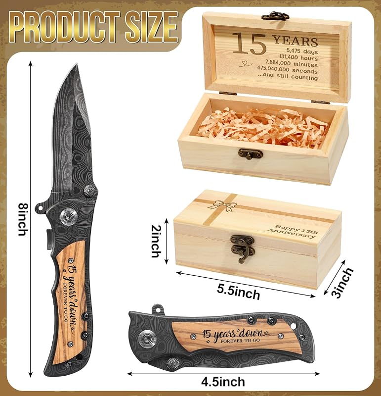 Cuchillo de bolsillo grabado con caja de regalo aniversario 15 años