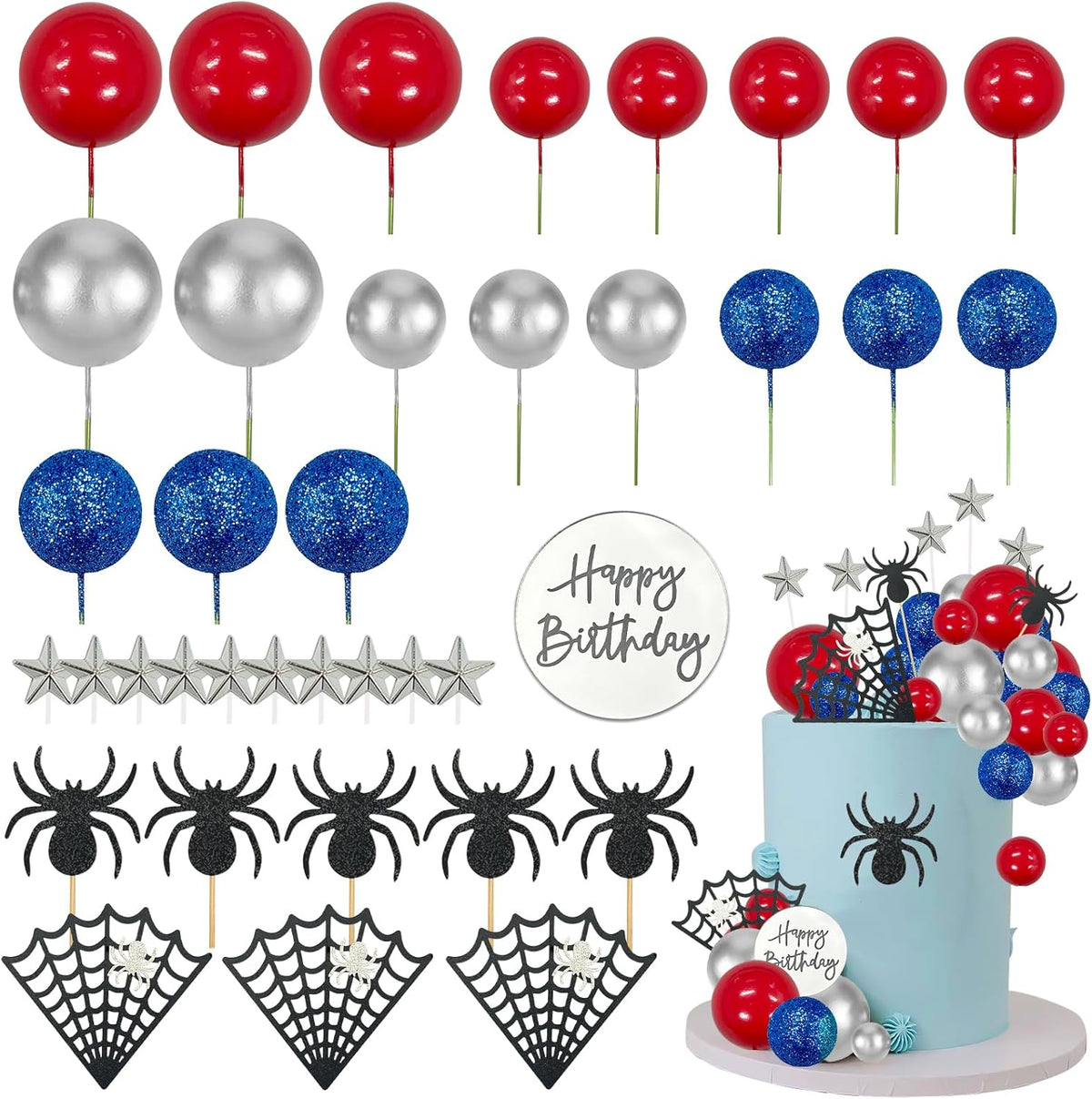 Decoración cupcakes araña purpurina estrellas bolas