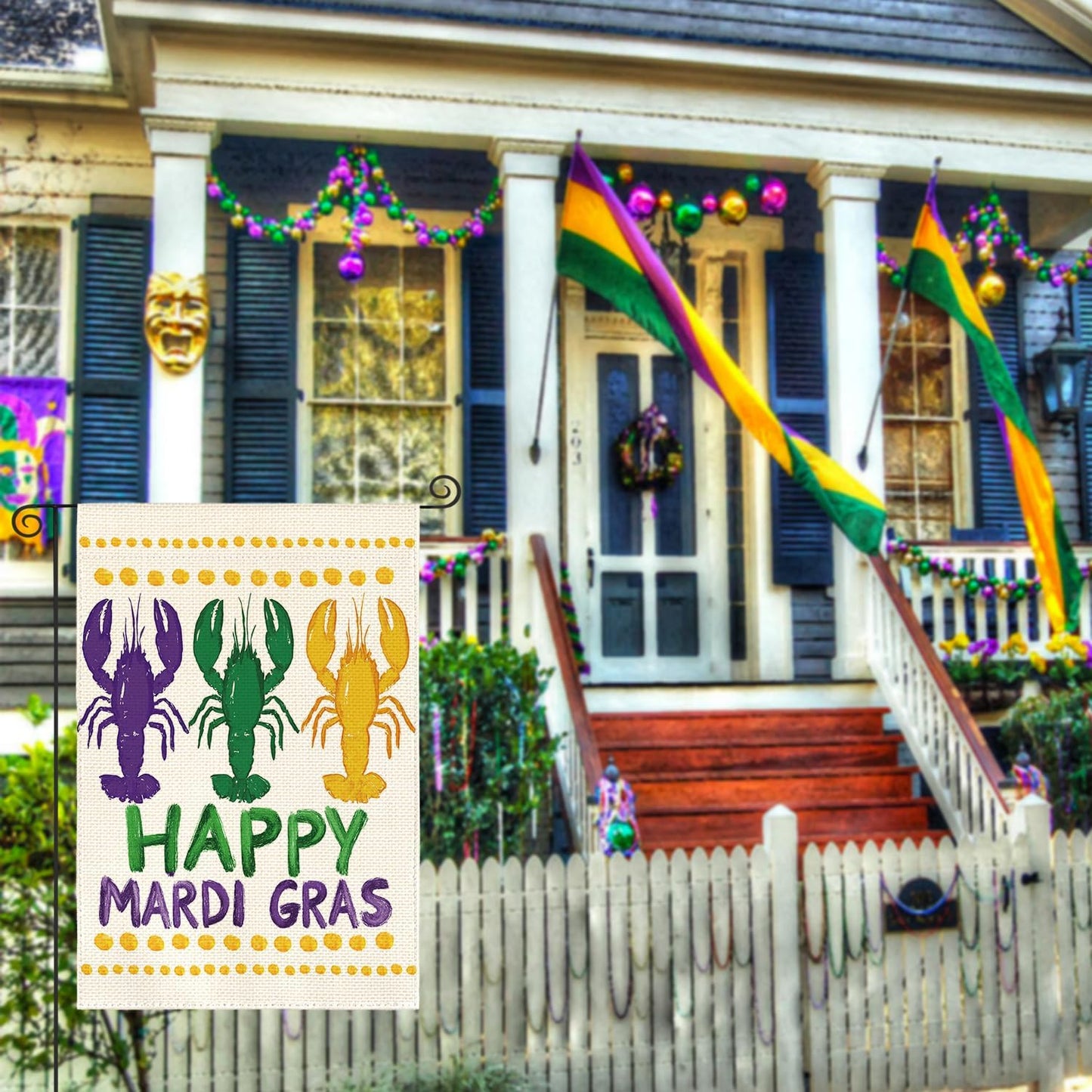 Bandera jardín 12x18pulg doble cara happy mardi gras