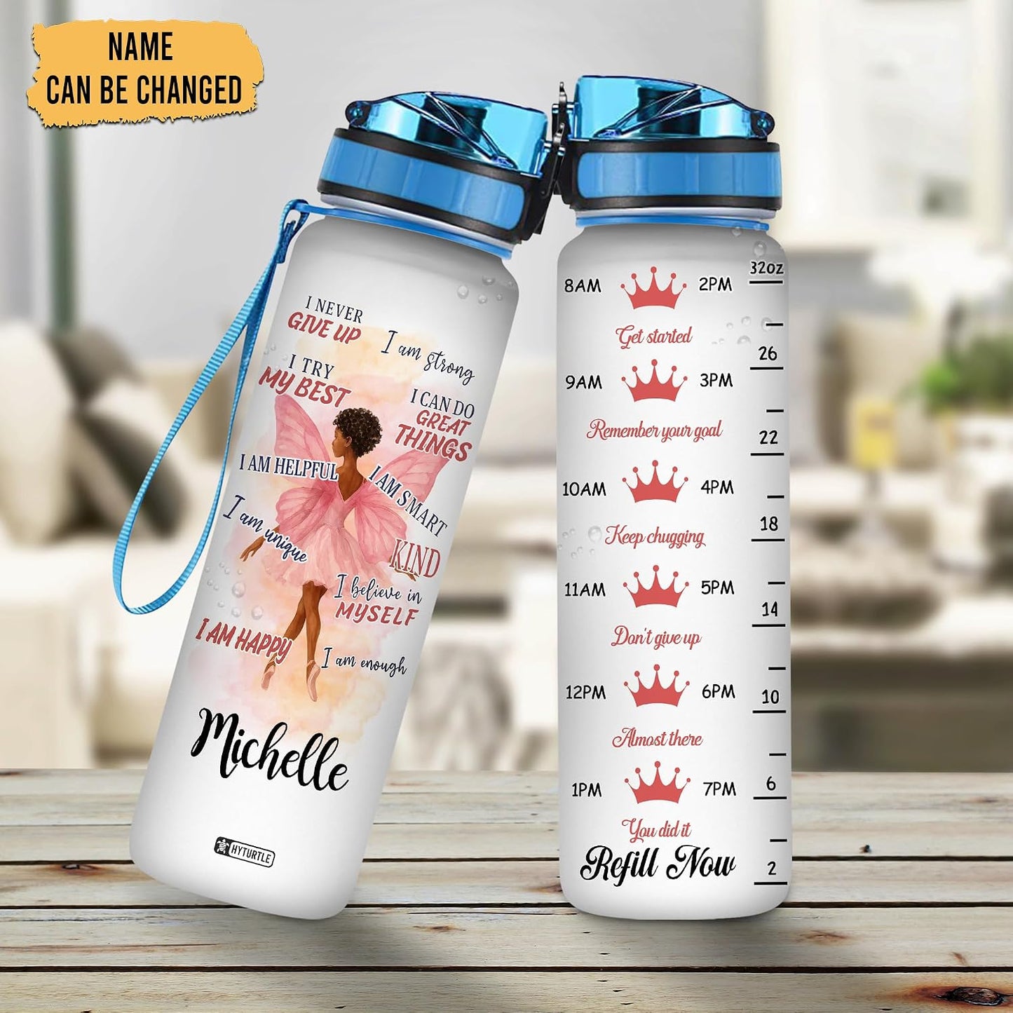 Botella agua personalizada reina negra i never give up 32oz