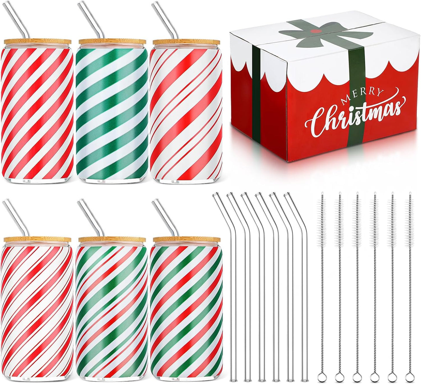 6 Vasos Navidad 16oz con Tapas Bambú para Café Helado