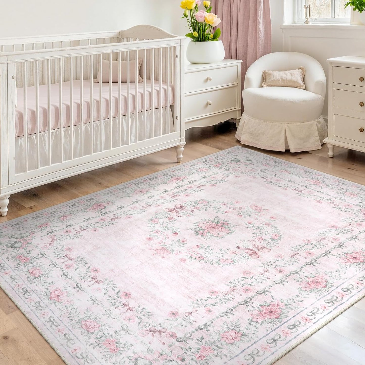 Alfombra rosa lazo floral dormitorio niña antiderrap