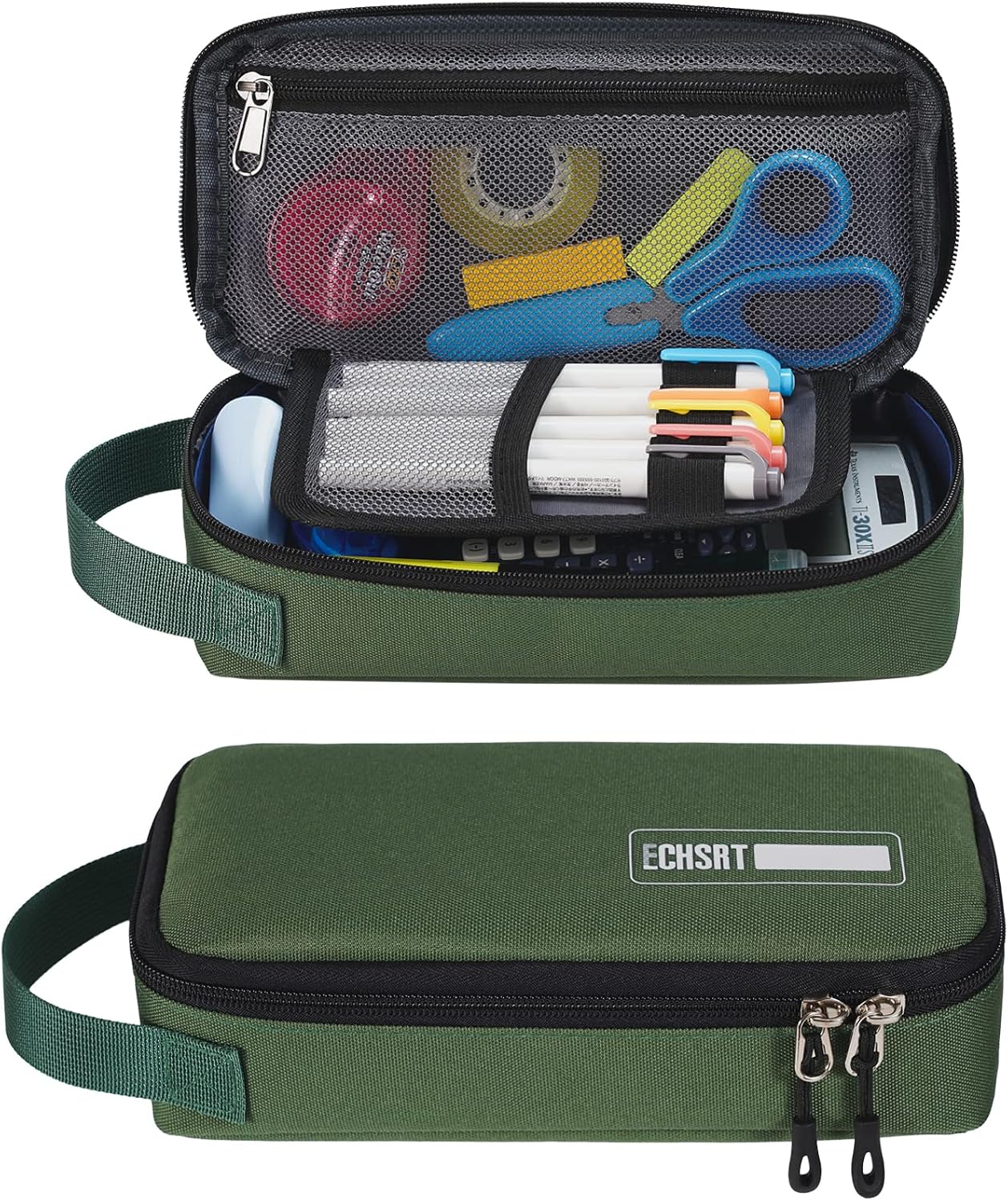 Estuche portátil para lápices y bolígrafos con cremallera verde