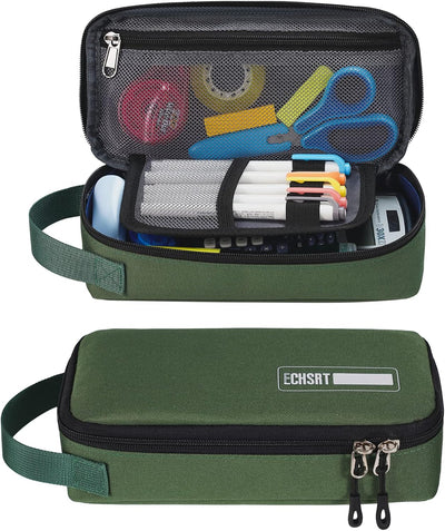 Estuche portátil para lápices y bolígrafos con cremallera verde