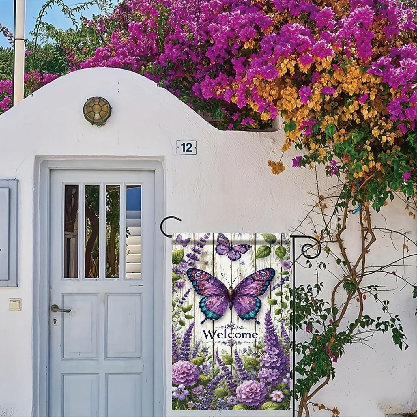 Banderas jardín mariposas moradas 12x18" doble cara