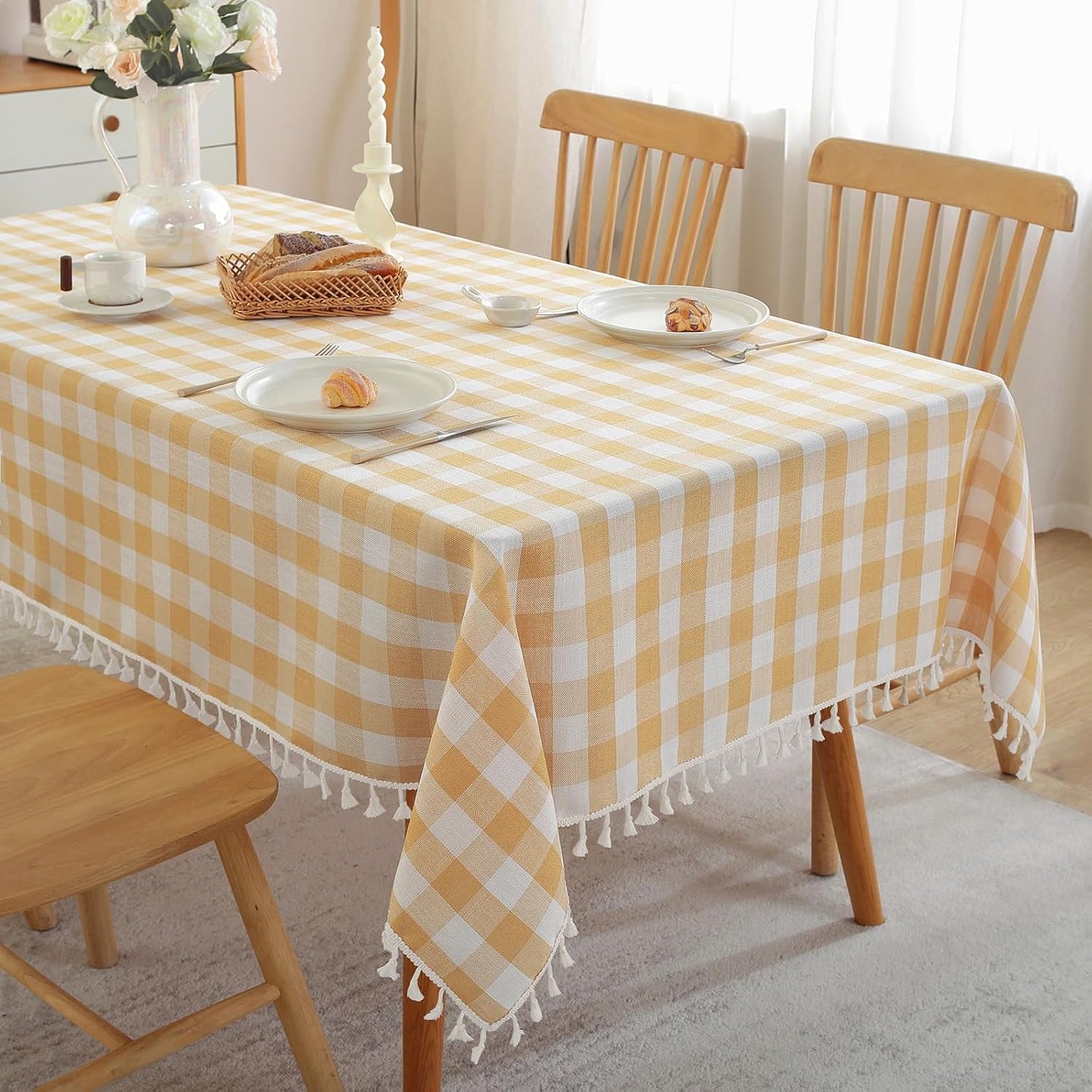 Mantel rectangular algodón lino cuadros borlas 55x75pulg amarillo
