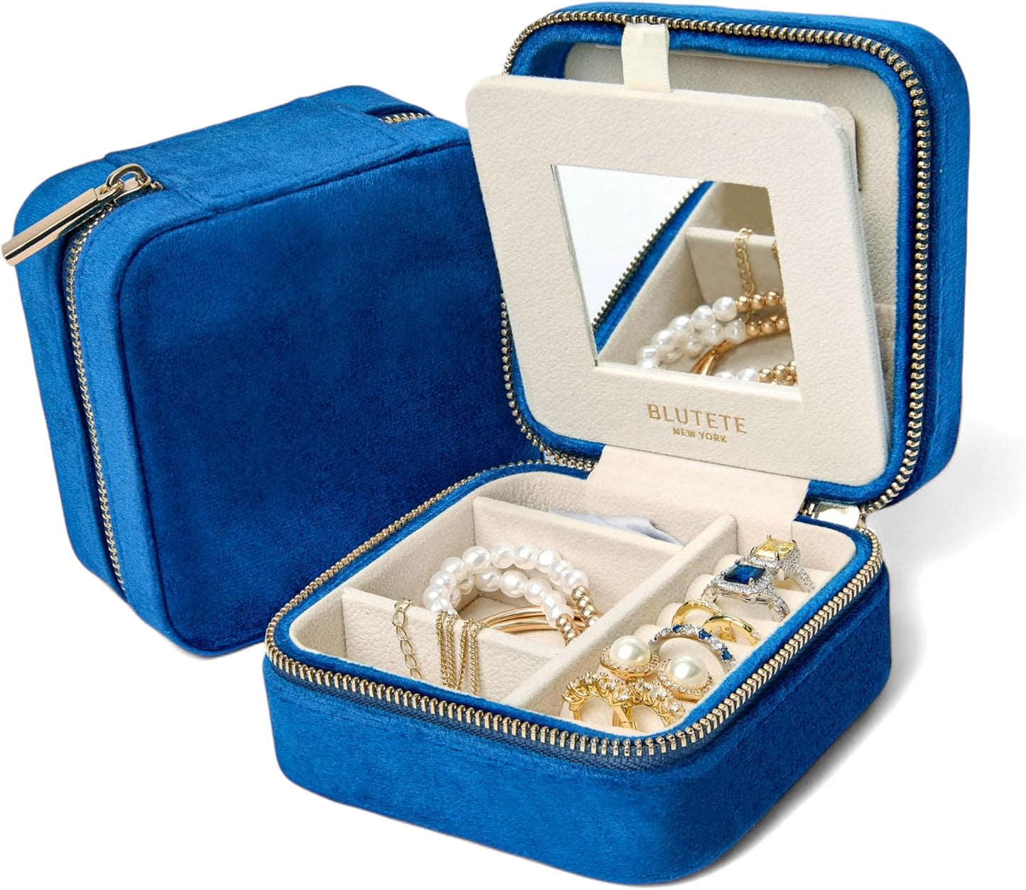Joyero viaje terciopelo con espejo anillos aretes azul