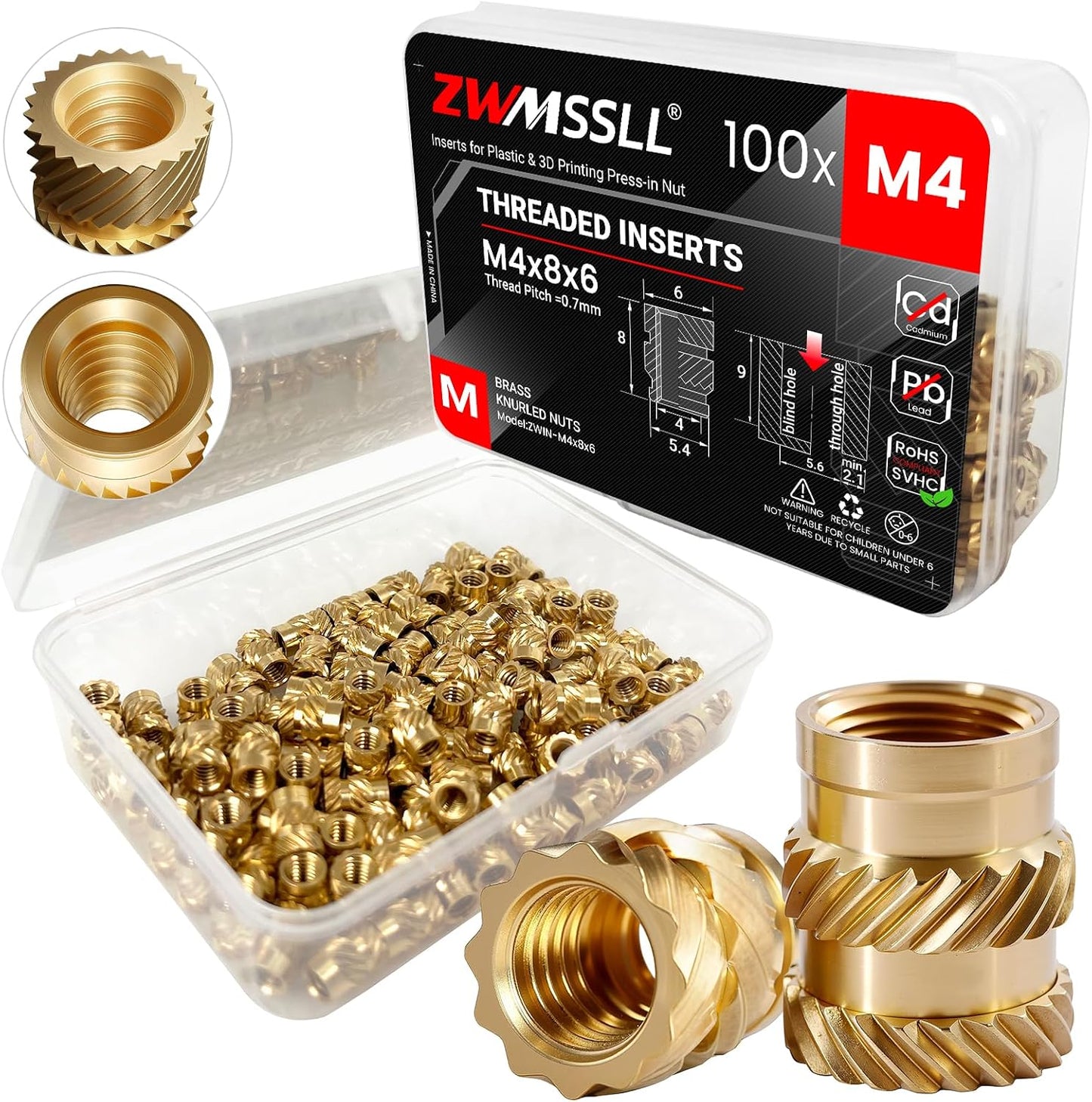 Insertos roscados M4x8x6 latón 100 pzas para impresión 3D