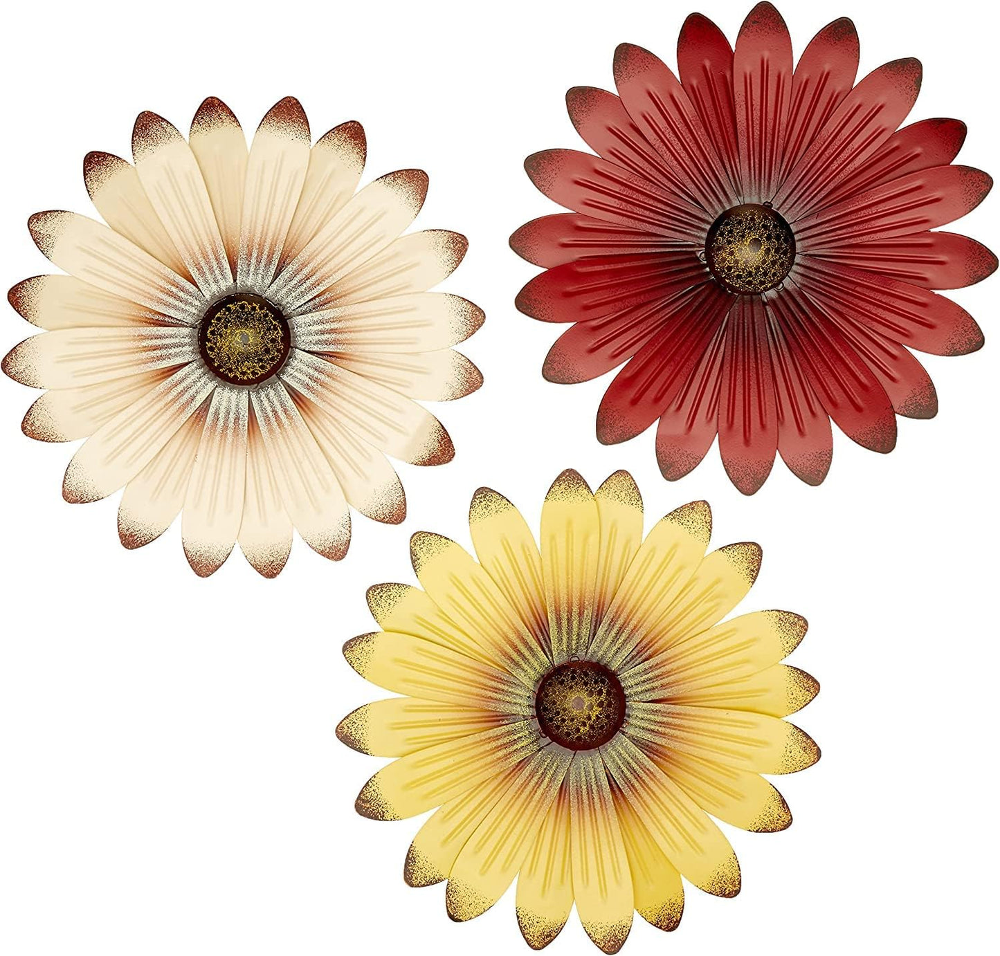 3 Flores Metal Rojo Crema Amarillo Decoración Jardín