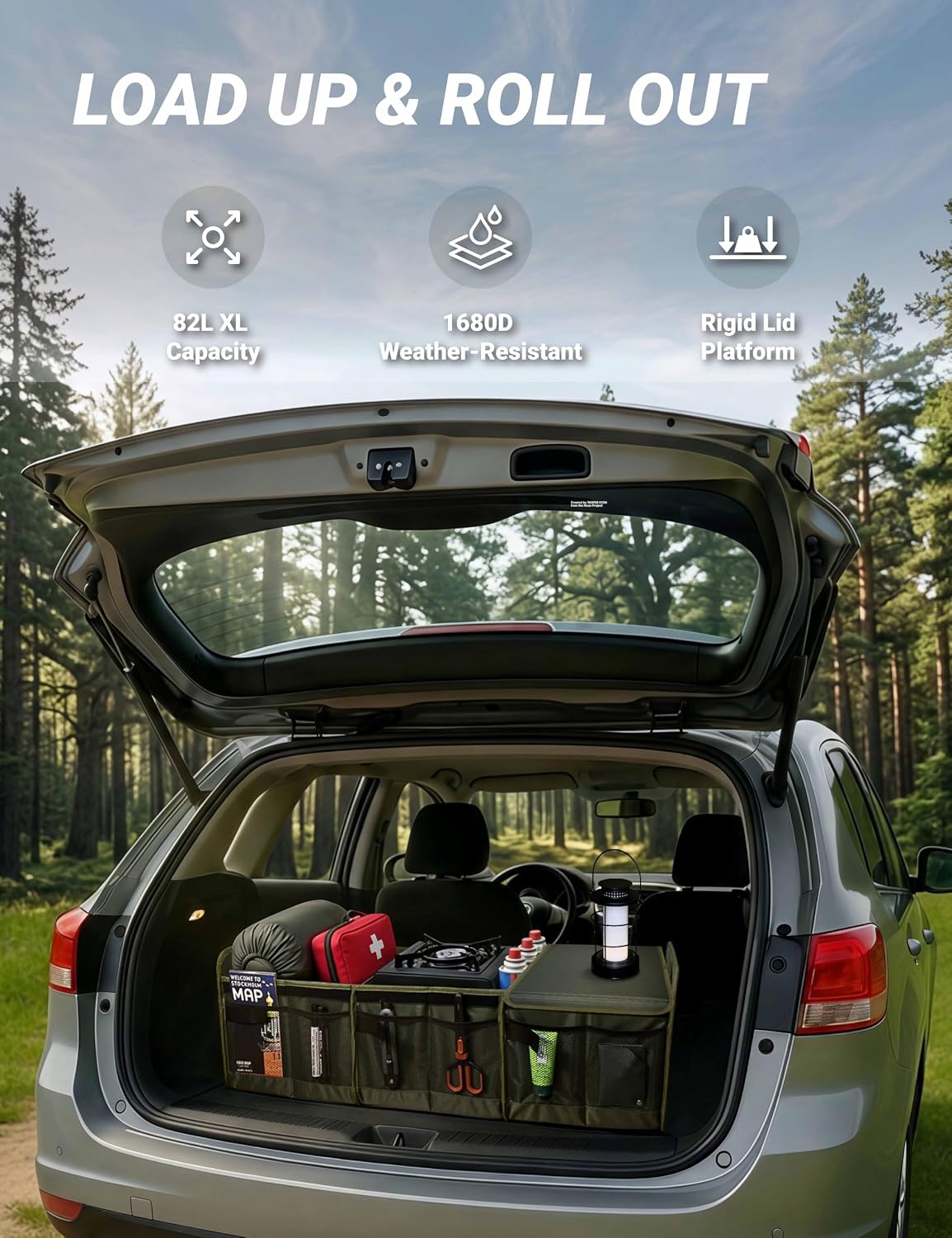Organiz. maletero resistente con tapa SUV camión 1680D verde