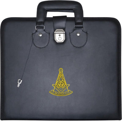 Estuche delantal masón cuero negro bordado máquina