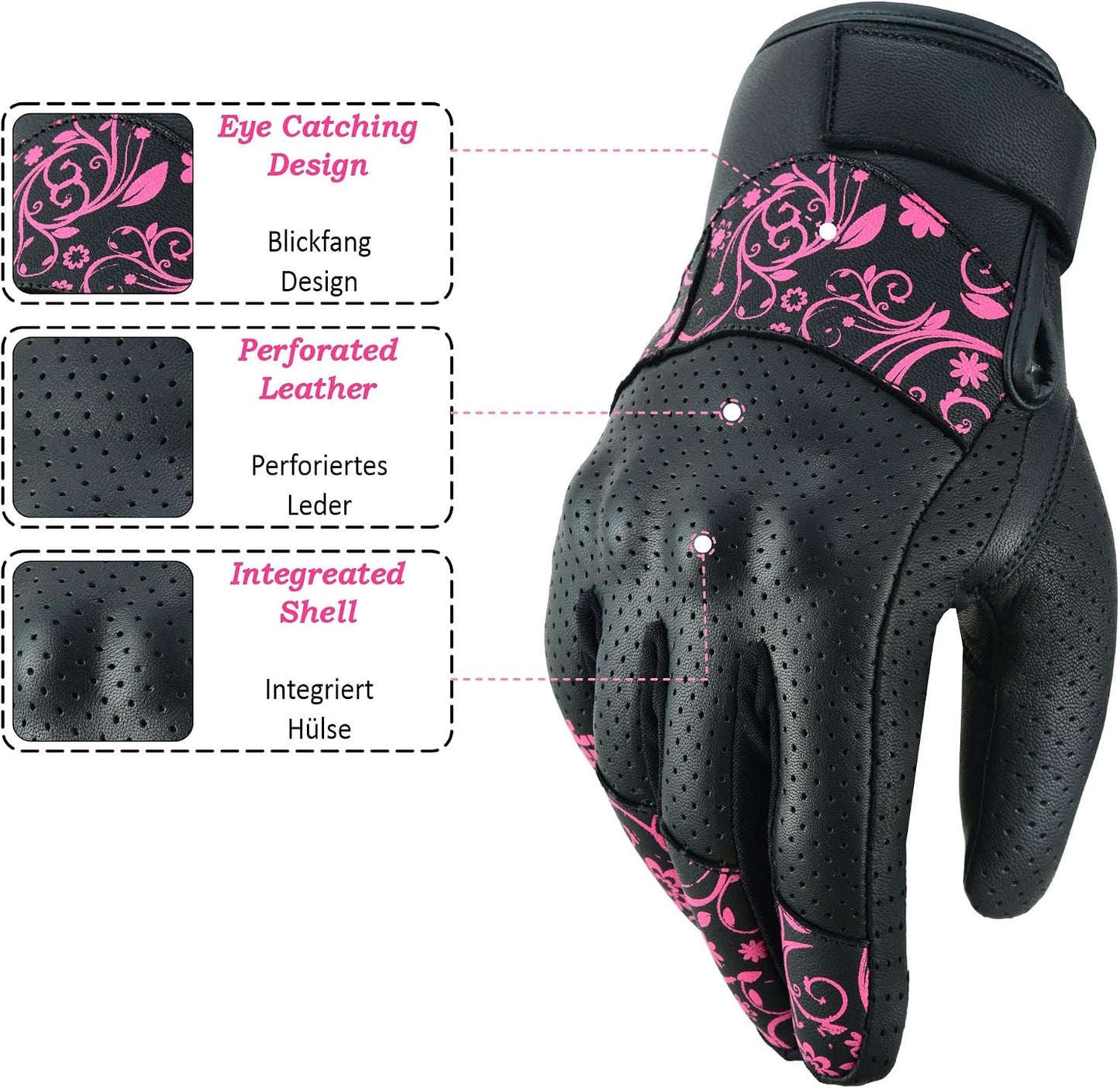 Guantes motocicleta mujer cuero pantalla táctil Rosa Pequeño