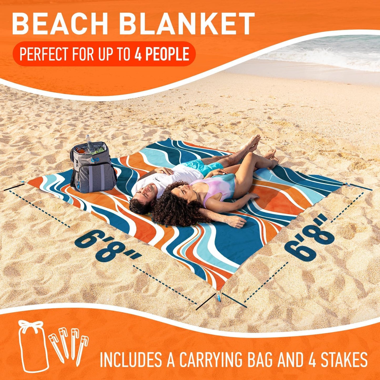 Manta playa impermeable 80x80" para 4 personas naranja