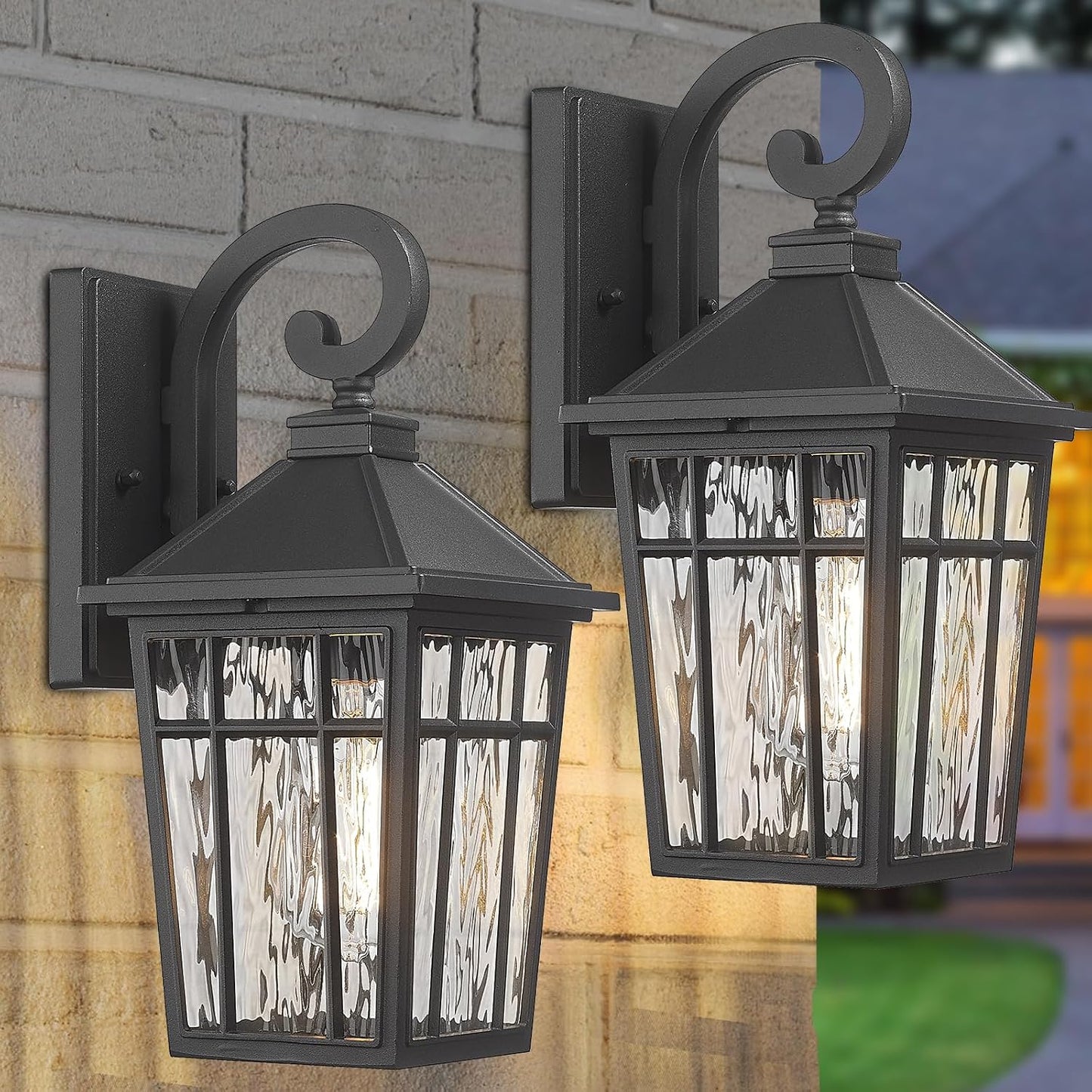 Luces pared exterior impermeables negras con vidrio ondas