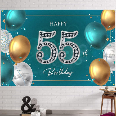 Fondo pancarta feliz cumpleaños 55 años 6x4ft verde plateado